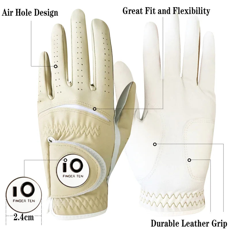 2 Pcs Soft PU Leather Men’s Golf Gloves – Cabretta-Feel, All-Weather Grip with Ball Marker |