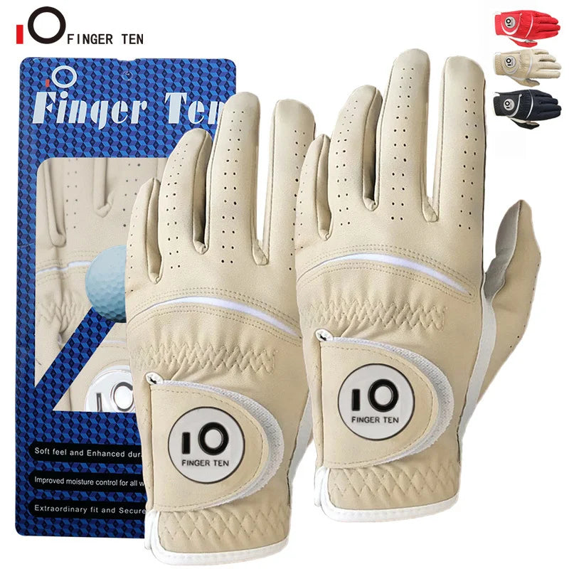 2 Pcs Soft PU Leather Men’s Golf Gloves – Cabretta-Feel, All-Weather Grip with Ball Marker |