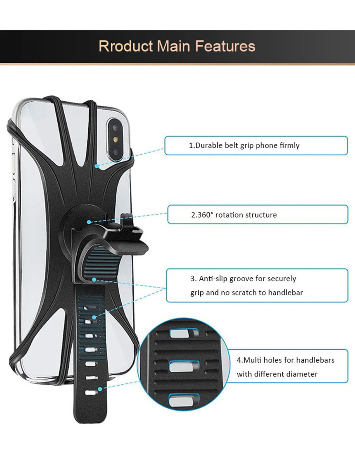 Silicone Bike Phone Holder – 360° Rotatable Universal Mount for 4–6" Phones