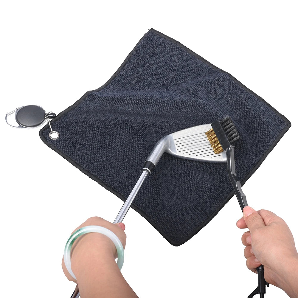 25×25cm Golf Towel with Rope Hook – Double-Sided Microfiber Club Towel + Golf Cleaning Brush | Easy-Pull Design