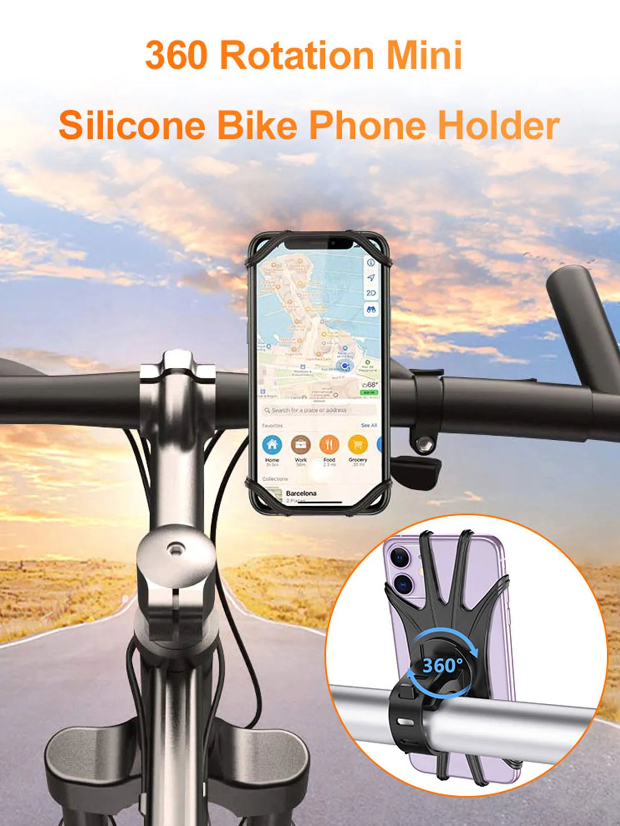 Silicone Bike Phone Holder – 360° Rotatable Universal Mount for 4–6" Phones