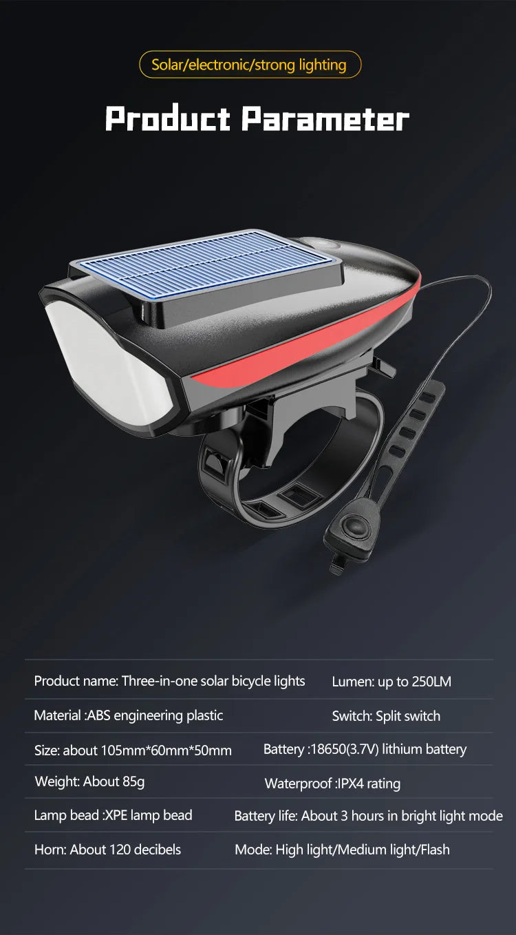 Solar Bike Light with Horn – LED Headlamp & Bell for Bikes