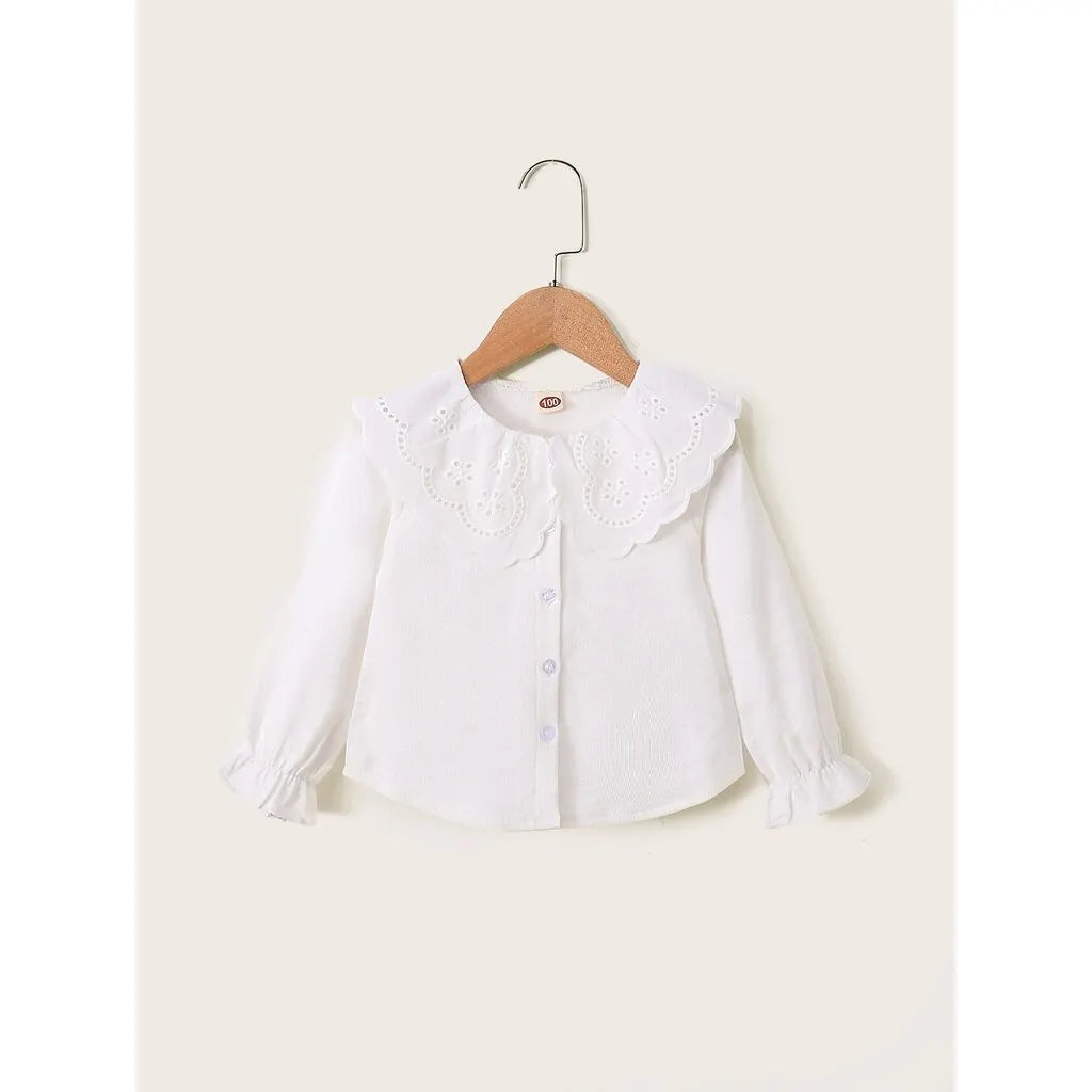 Baby Girl Button T Shirt Hollow Lace Collar White Long Sleeved