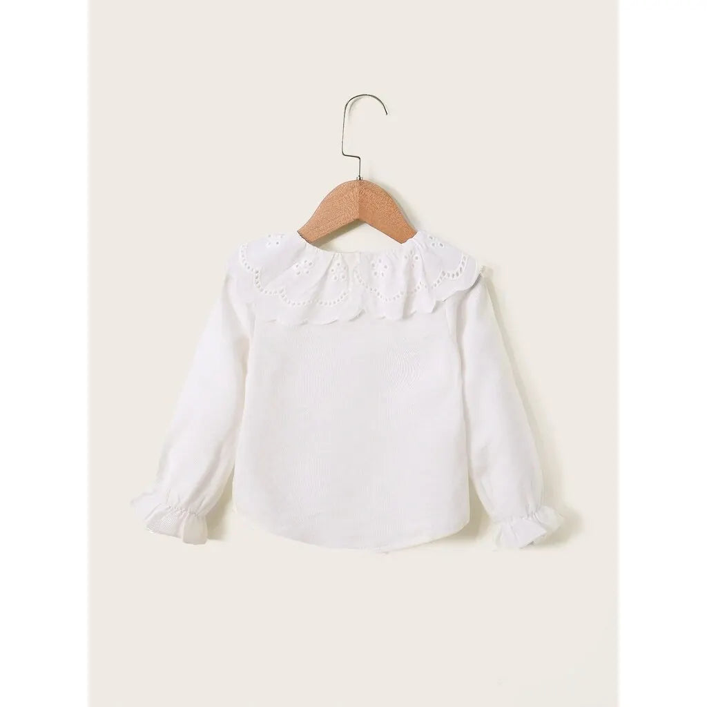 Baby Girl Button T Shirt Hollow Lace Collar White Long Sleeved