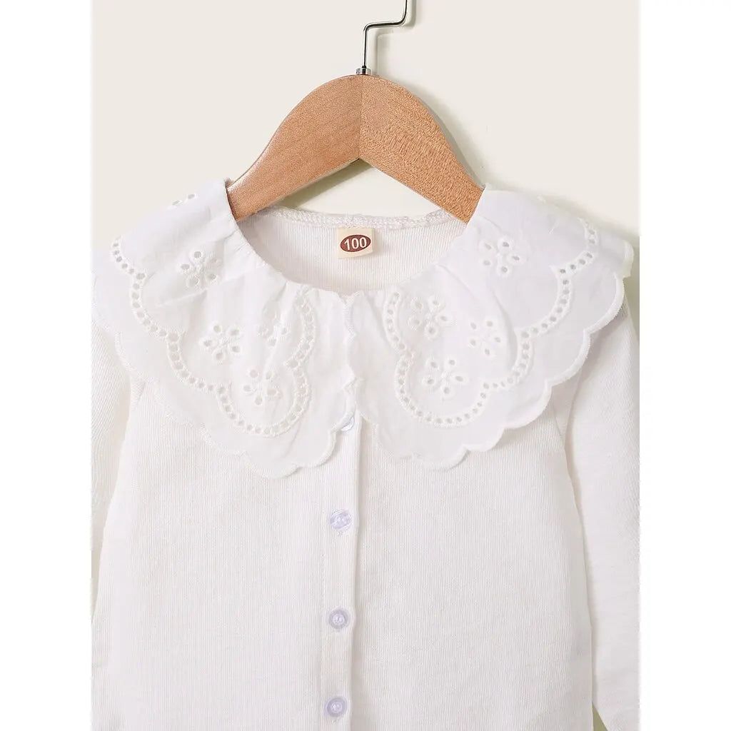 Baby Girl Button T Shirt Hollow Lace Collar White Long Sleeved