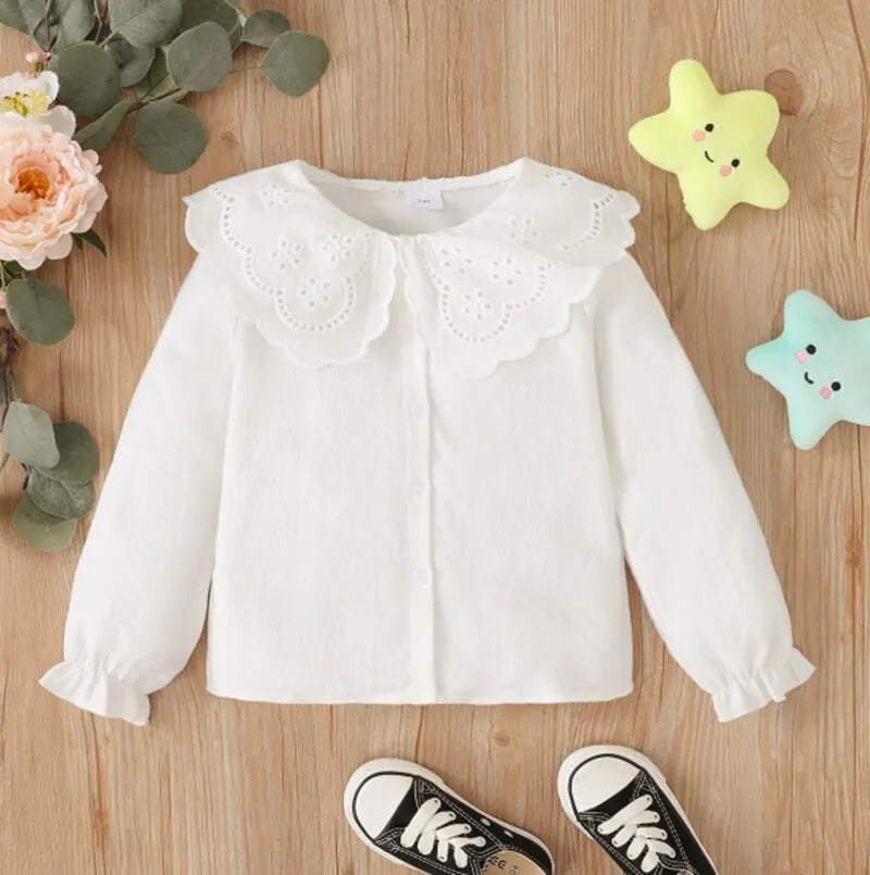 Baby Girl Button T Shirt Hollow Lace Collar White Long Sleeved